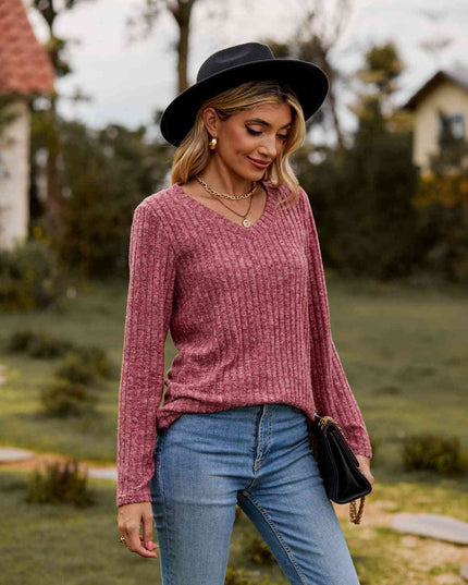 Ribbed V-Neck Long Sleeve Tee