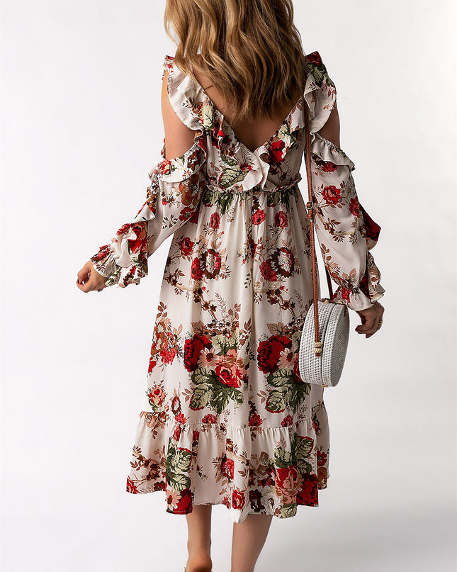 Floral Cold-Shoulder Ruffled Dress