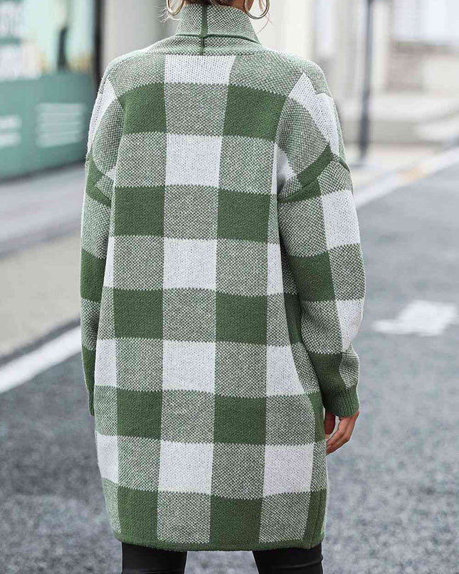Plaid Dropped Shoulder Cardigan with Pocket