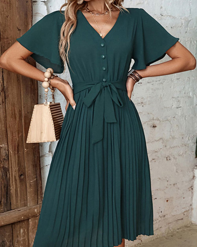 Buttoned V-Neck Flutter Sleeve Pleated Dress