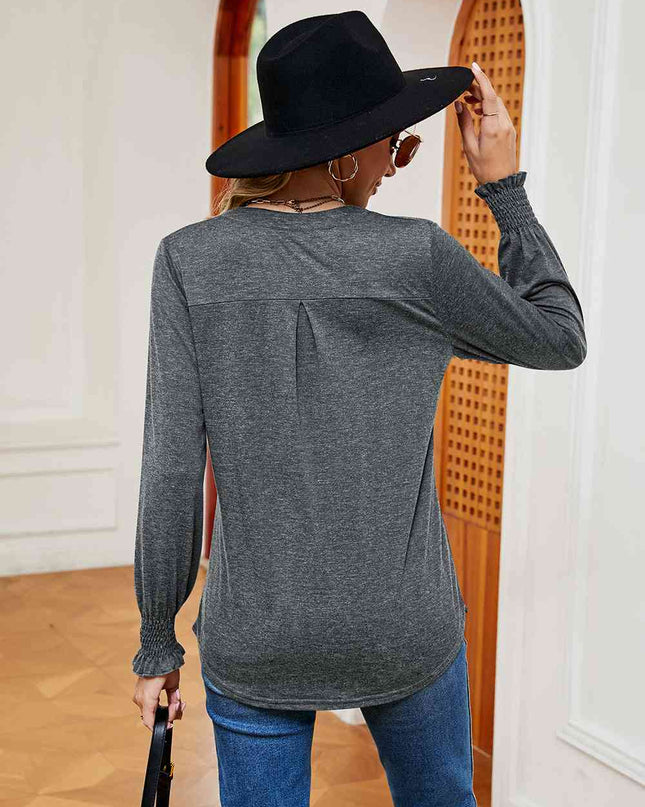Notched Neck Long Sleeve Blouse