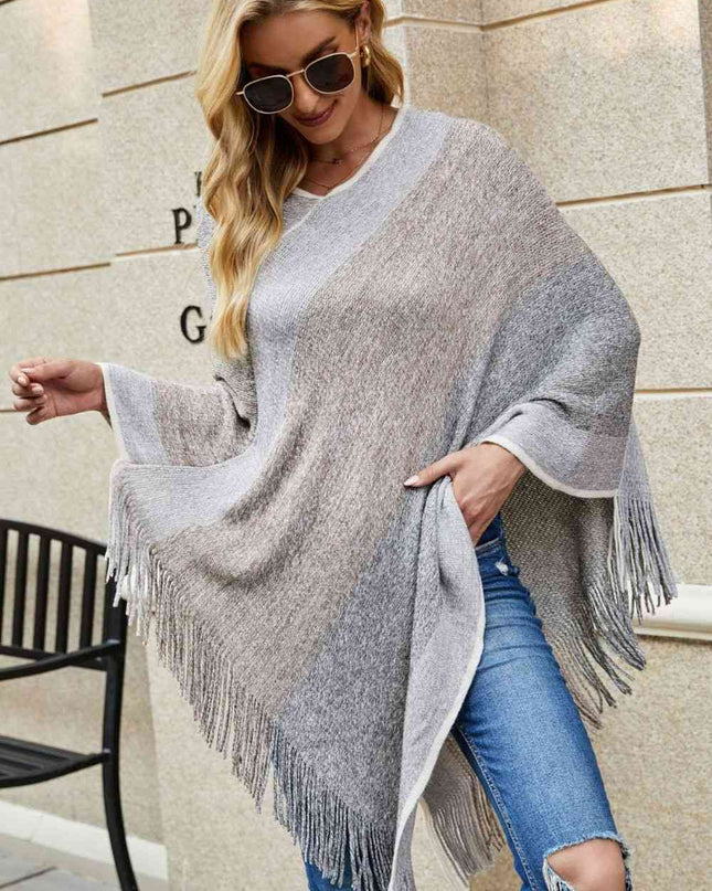 Color Block Fringe Hem Poncho