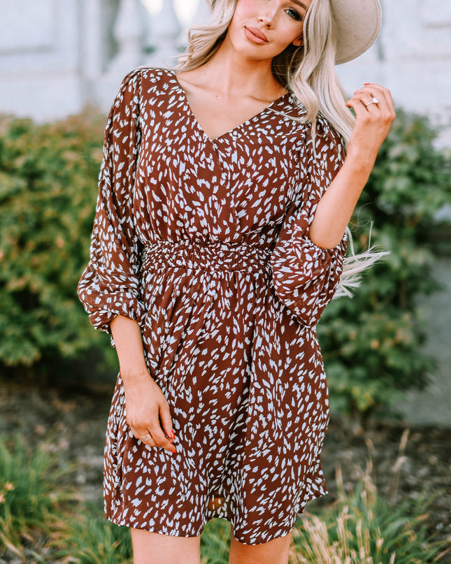 Printed Balloon Sleeve V-Neck Dress