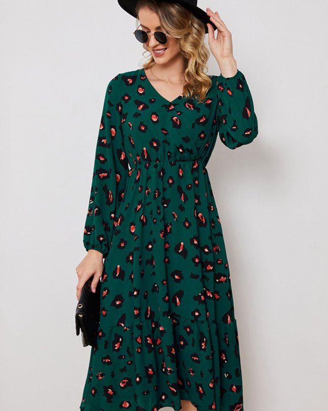 Printed Surplice Neck Long Sleeve Dress