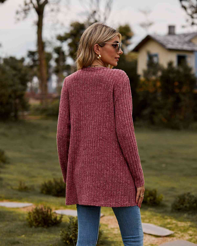 Ribbed Button-Up Cardigan with Pockets