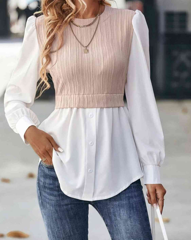 Contrast Round Neck Puff Sleeve Blouse