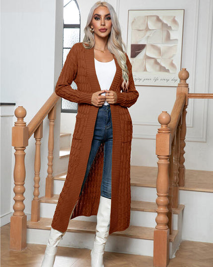 Cable-Knit Open Front Cardigan with Pockets