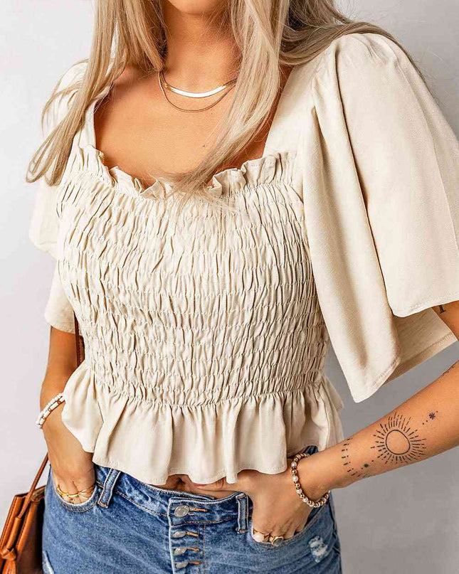 Smocked Frill Trim Peplum Top