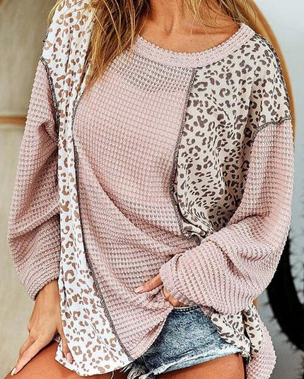 Leopard Exposed Seam Long Sleeve Blouse
