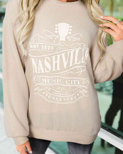 Ribbed Round Neck Long Sleeve Graphic Sweatshirt