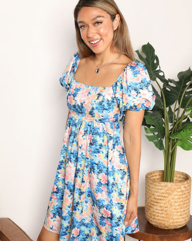 Double Take Floral Square Neck Puff Sleeve Dress