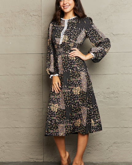 Printed Long Sleeve Round Neck Dress