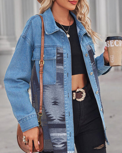 Geometric Raw Hem Button Up Denim Jacket