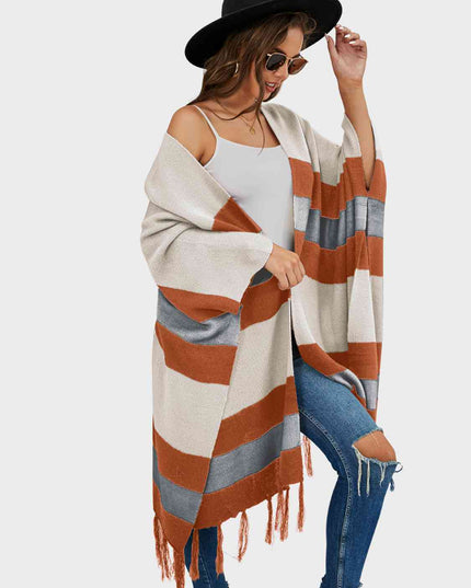 Striped Open Front Fringe Cardigan