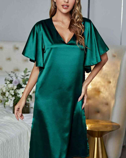 Satin Flutter Sleeve Side Slit V-Neck Night Dress