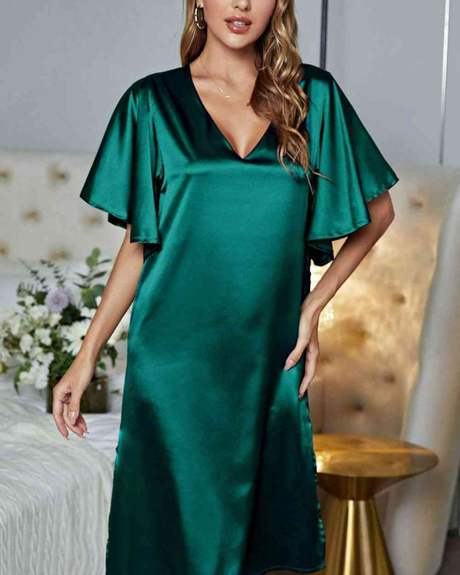 Satin Flutter Sleeve Side Slit V-Neck Night Dress