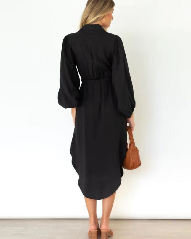 Drawstring Button Up Balloon Sleeve Dress