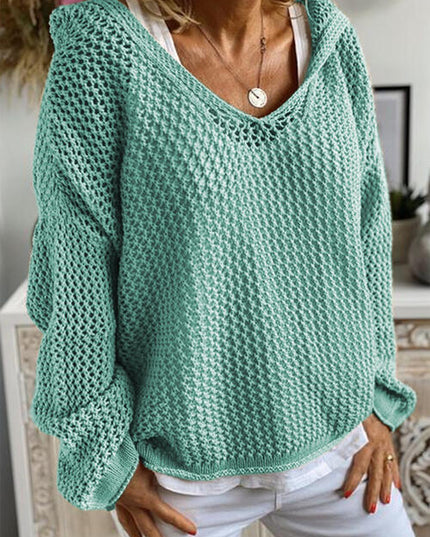 Openwork Hooded Long Sleeve Sweater