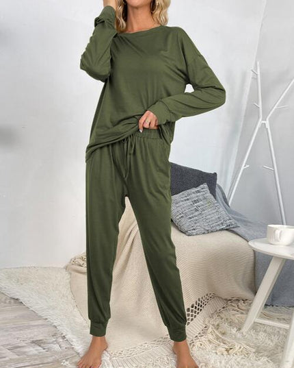 Round Neck Top and Drawstring Pants Lounge Set