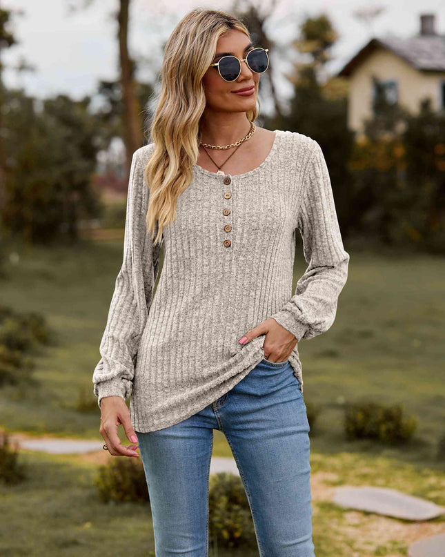 Round Neck Button-Down Long Sleeve Tee