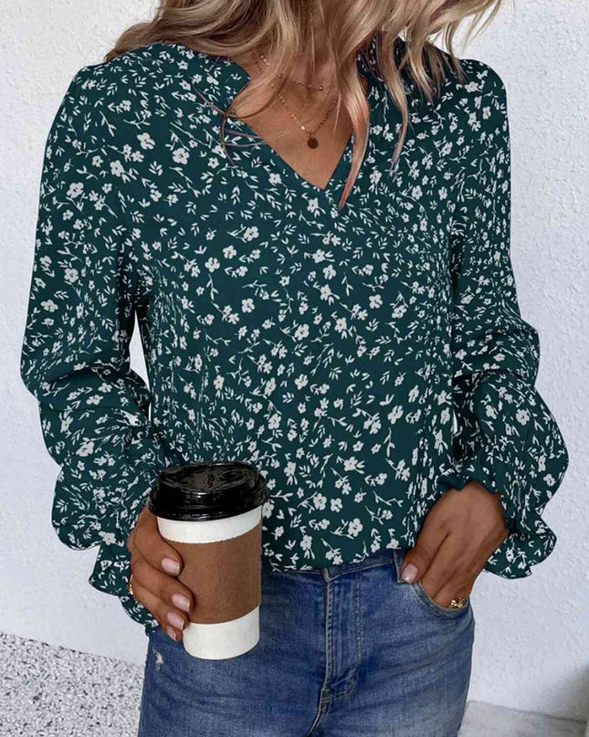 Notched Neck Flounce Sleeve Blouse