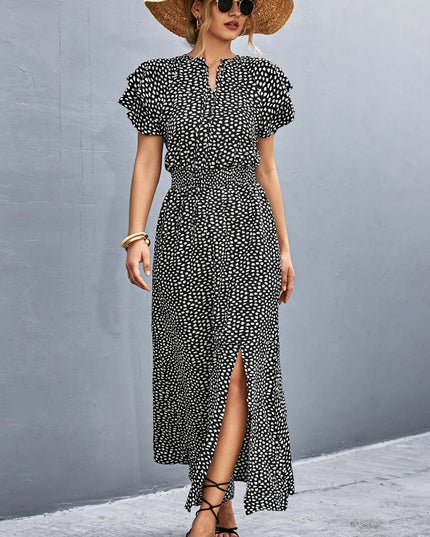 Printed Tie-Neck Flutter Sleeve Split Dress