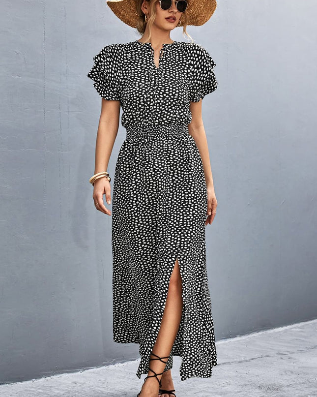 Printed Tie-Neck Flutter Sleeve Split Dress