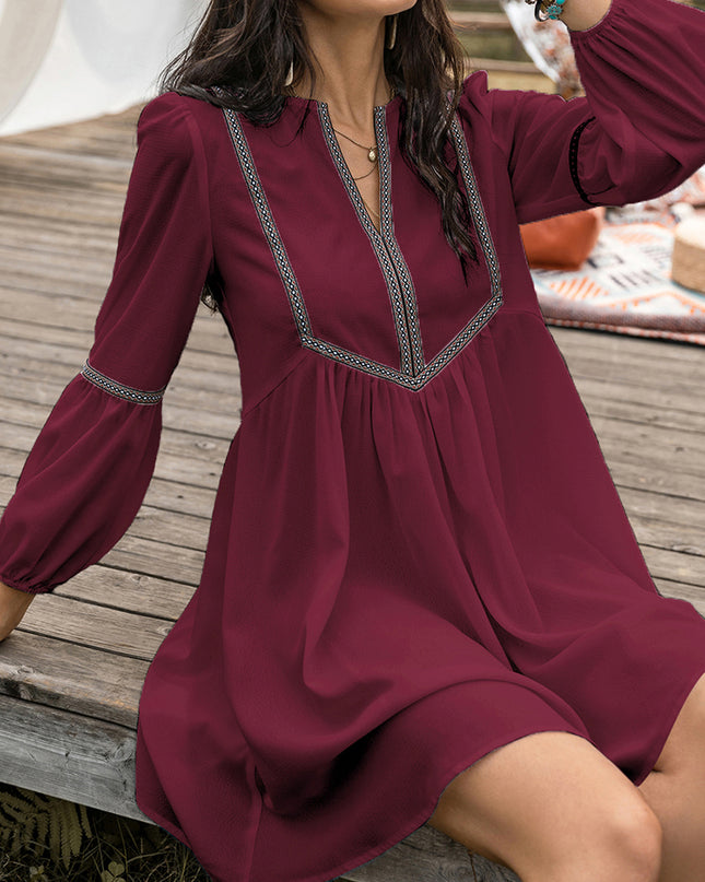 Notched Balloon Sleeve Mini Dress