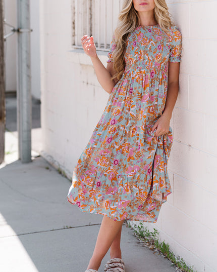 Floral Flounce Sleeve Round Neck Midi Dress