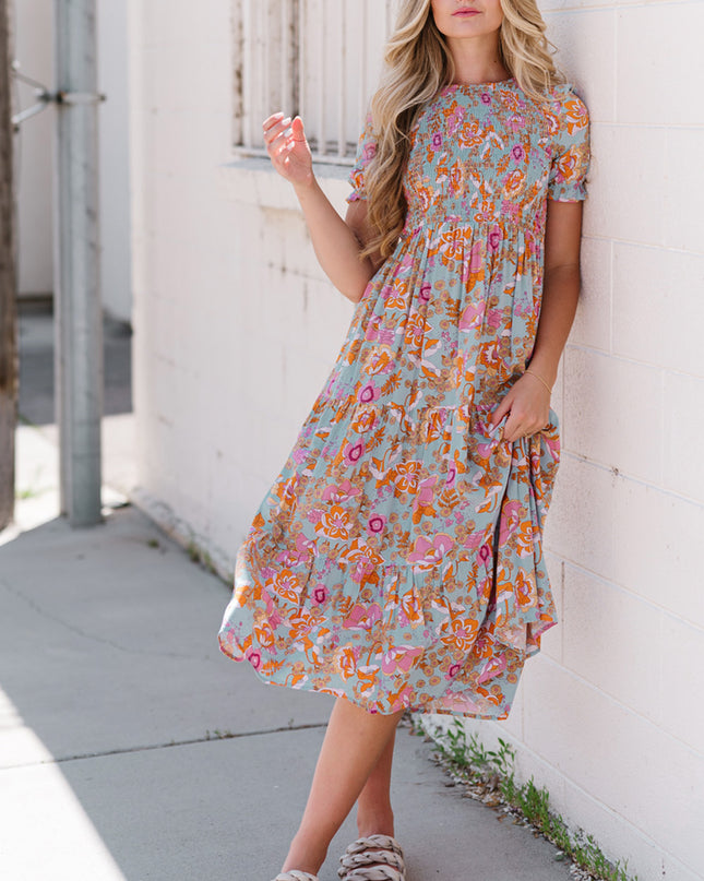 Floral Flounce Sleeve Round Neck Midi Dress