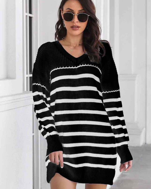 Striped V-Neck Drop Shulder Sweater Dress