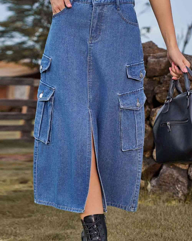 Slit Front Midi Denim Skirt with Pockets