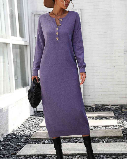 Notched Neck Dropped Shoulder Button-Down Midi Dress