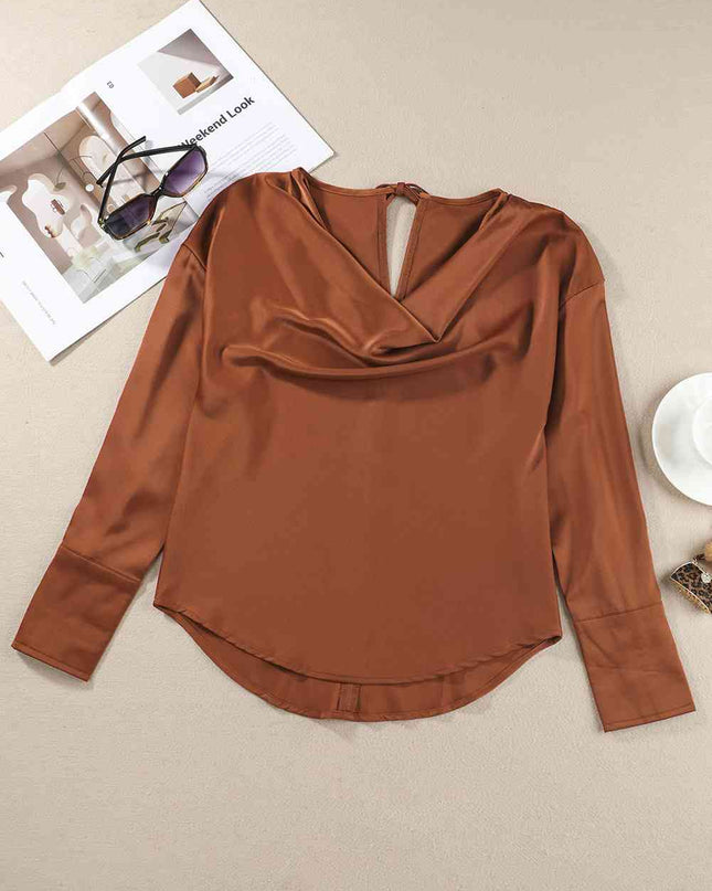 Cowl Neck Dropped Shoulder Long Sleeve Back Tie Blouse