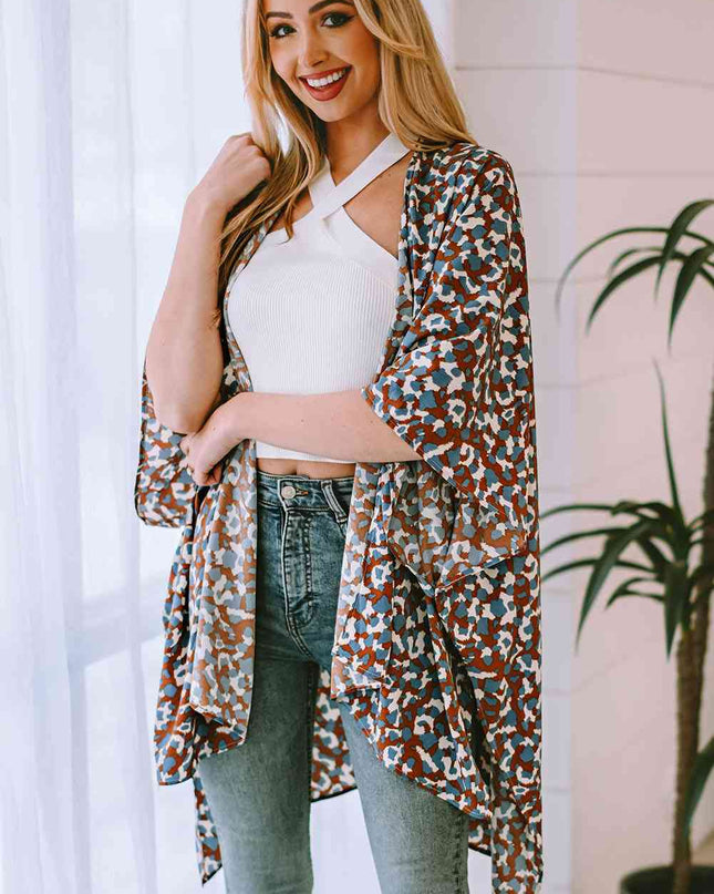 Printed Open Front Three-Quarter Sleeve Cover Up