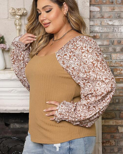 Plus Size Floral Square Neck Flounce Sleeve Blouse