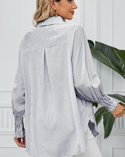 Striped Button Up Smocked Long Sleeve Shirt