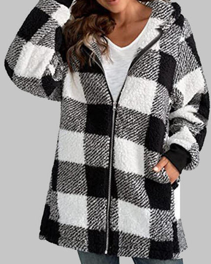 Plaid Zip-Up Hooded Jacket with Pockets