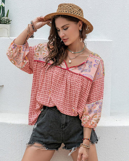 Plus Size Printed Tie Neck Balloon Sleeve Blouse