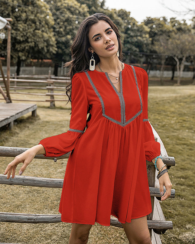 Notched Balloon Sleeve Mini Dress