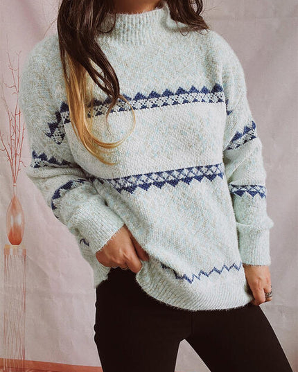 Geometric Mock Neck Dropped Shoulder Sweater