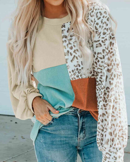 Color Block Leopard Round Neck Sweatshirt
