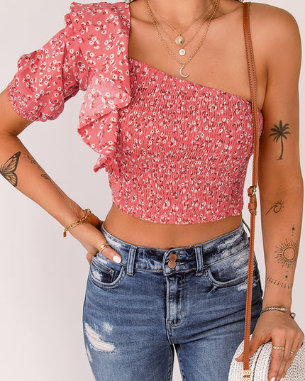 Ditsy Floral Ruffled One-Shoulder Smocked Top
