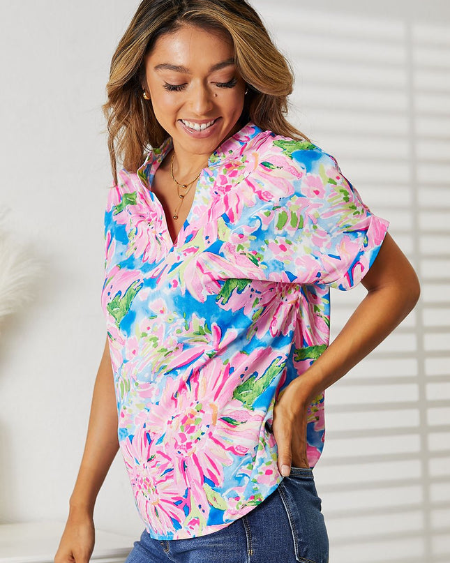 Double Take Floral Notched Neck Short Sleeve Top