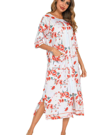 Printed Slit Night Dress with Pockets
