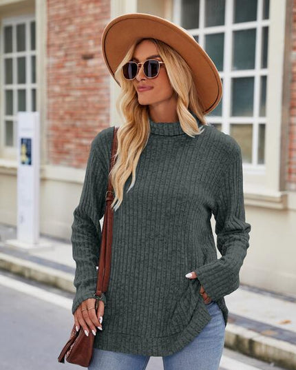 Ribbed Turtleneck Long Sleeve Slit Knit Top