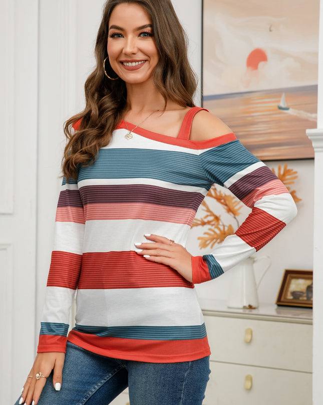 Striped Asymmetrical Neck Long Sleeve T-Shirt