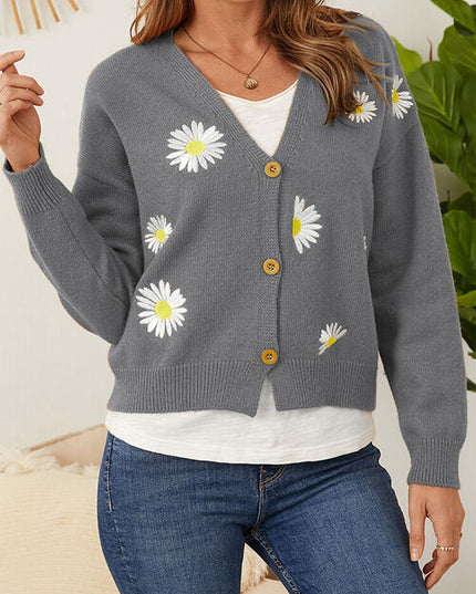 Flower Button Front Dropped Shoulder Cardigan