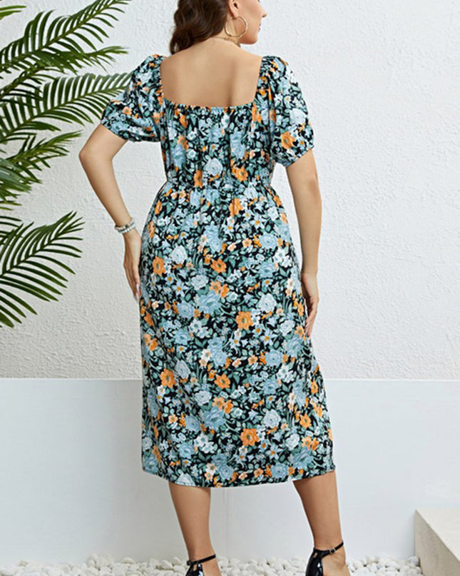 Plus Size Floral Short Sleeve Slit Dress