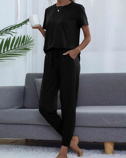 Round Neck Short Sleeve Top and Pants Set